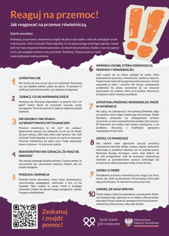 Plakat „Reaguj na przemoc! Jak reagować na przemoc rówieśniczą” przedstawia 10 kroków reagowania na przemoc rówieśniczą. Na dole znajduje się kod QR oraz logotypy fundacji „Życie warte jest rozmowy” i Ministerstwa Edukacji Narodowej. 
